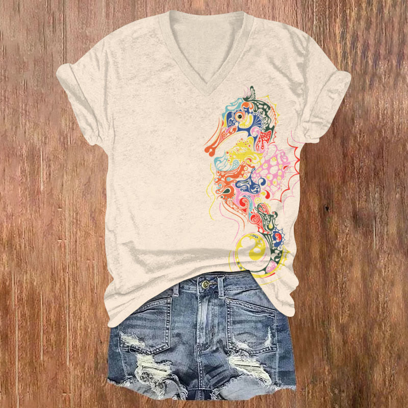 Creative Rainbow Seahorse Art T-shirt - Apricot - US32-34(5XL) - image 1