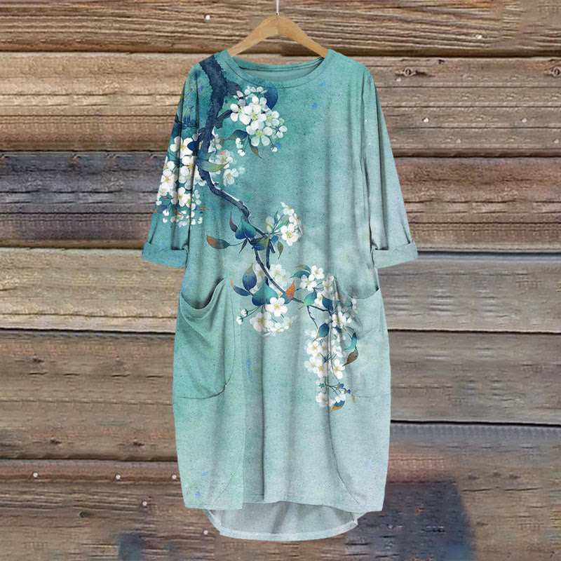 Japanese Antique Pear Blossom Ink Painting Print Crew Neck Dress - Green - 8XL - image 1