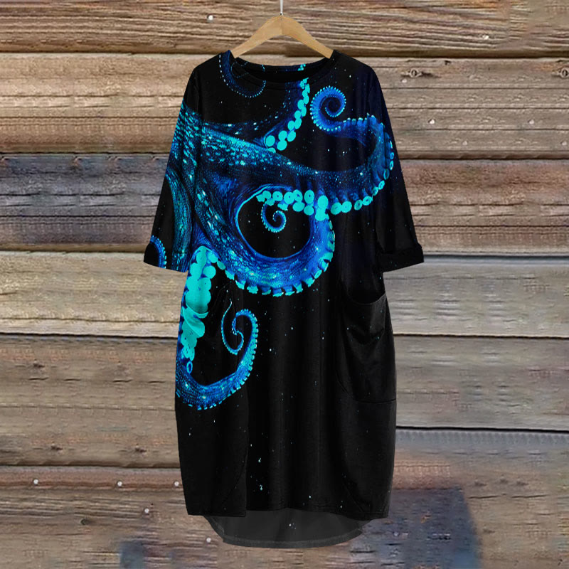 Three-dimensional Creative Octopus Print Crew Neck Dress - Blue - 8XL - image 1