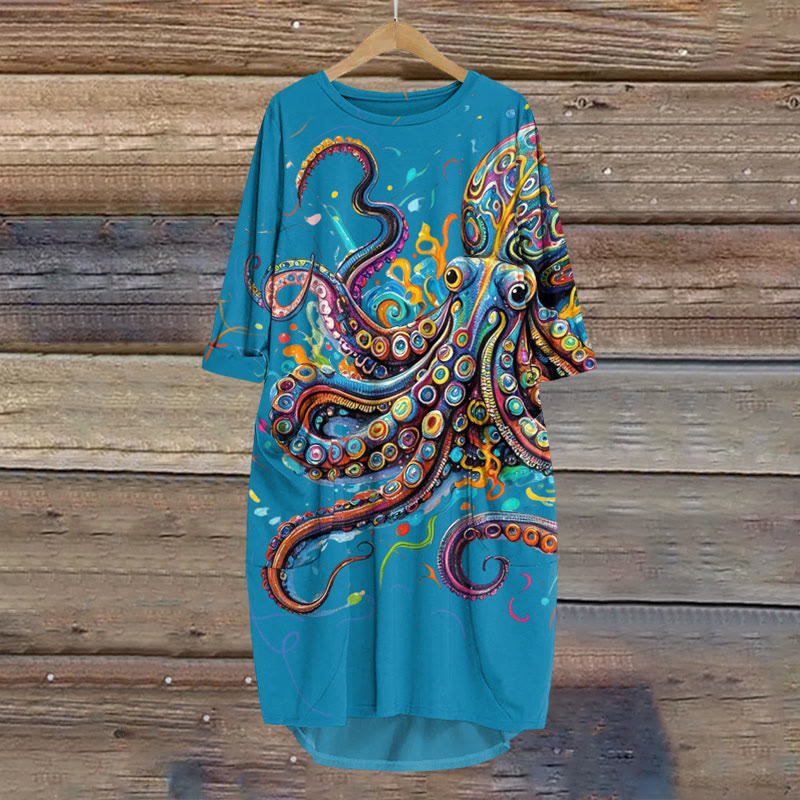 Vintage Rainbow Octopus Art Print Crew Neck Dress - Sky Blue - 8XL - image 1