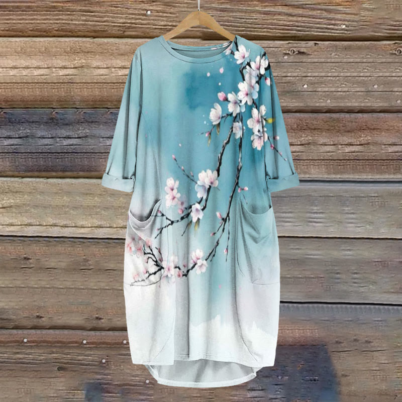 Japanese Ink Painting Flowers Print Crew Neck Dress - Blue - 8XL - image 1
