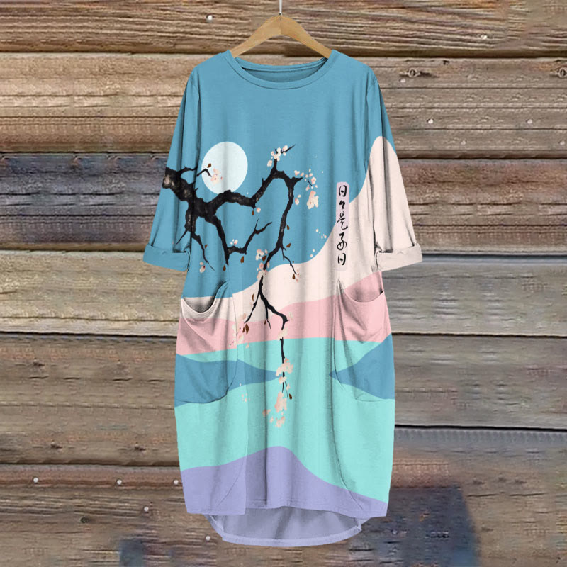 Rainbow Fuji Mountain & Floral Art Print Crew Neck Dress - Blue - 8XL - image 1