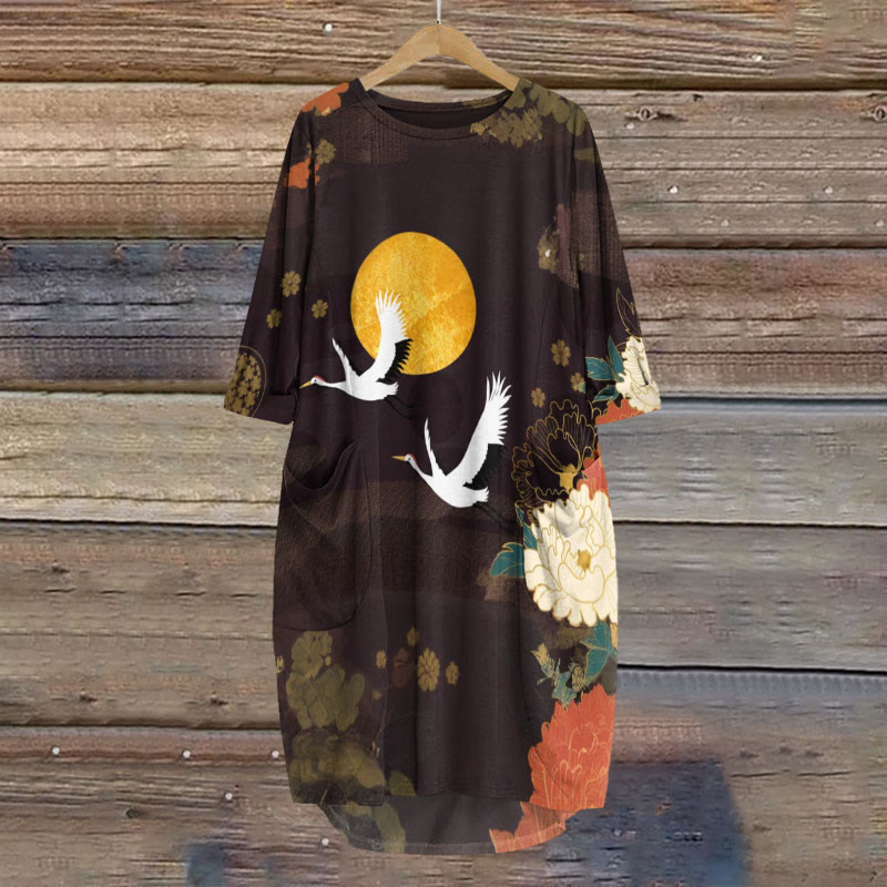 Vintage Japanese Peony Crane Print Crew Neck Dress - Brown - 8XL - image 1