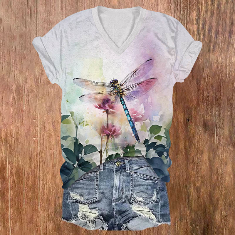 Fantasy Purple Dragonfly & Floral Art Print V-neck T-shirt - White - US32-34(5XL) - image 1