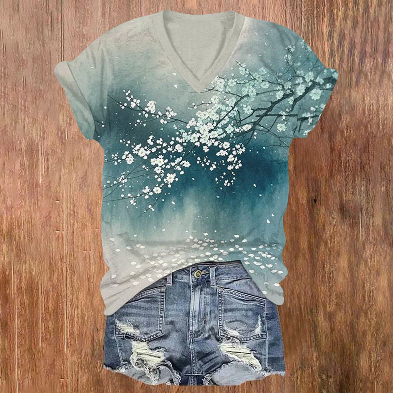 Fantasy Pear Blossom Falls Art Print V-neck T-shirt - Green - US32-34(5XL) - image 1