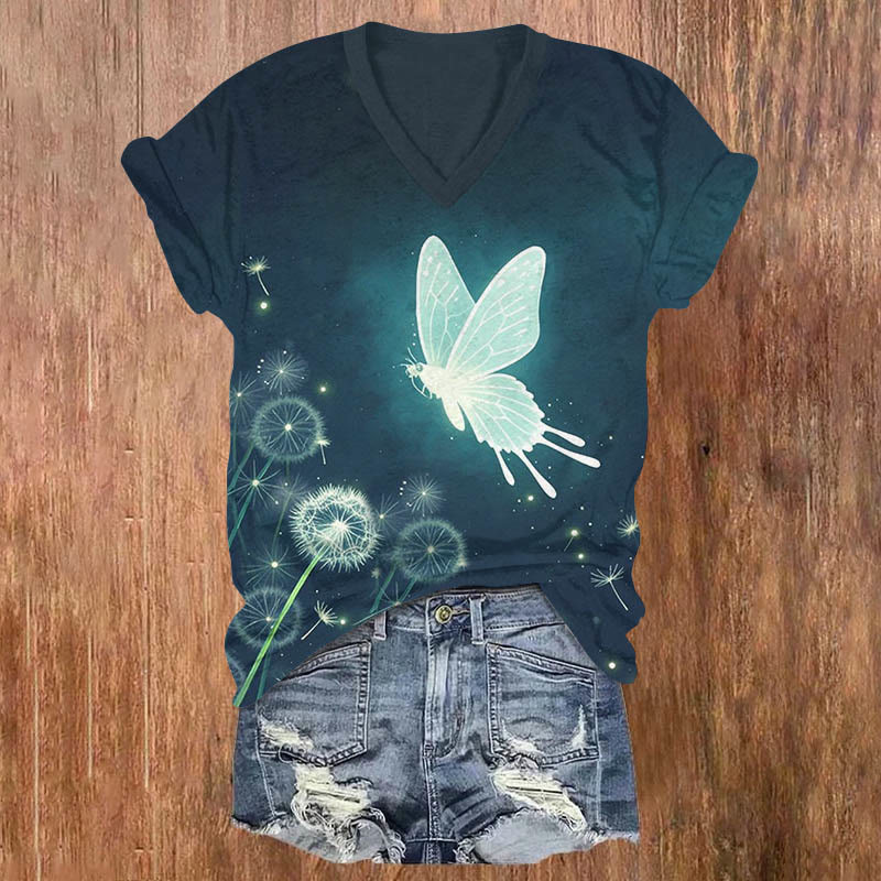 Glowing Butterflies And Dandelions Print V-neck T-shirt - Dark Green - US32-34(5XL) - image 1