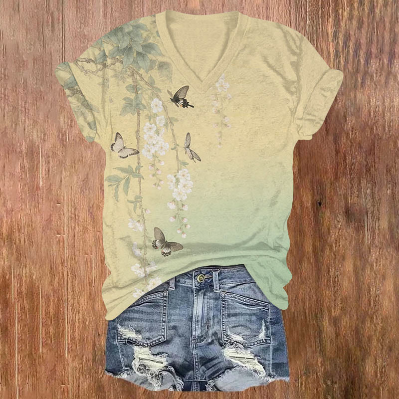 Vintage Blossoms Surrounded By Butterfly Art Print V-neck T-shirt - Yellow - US32-34(5XL) - image 1