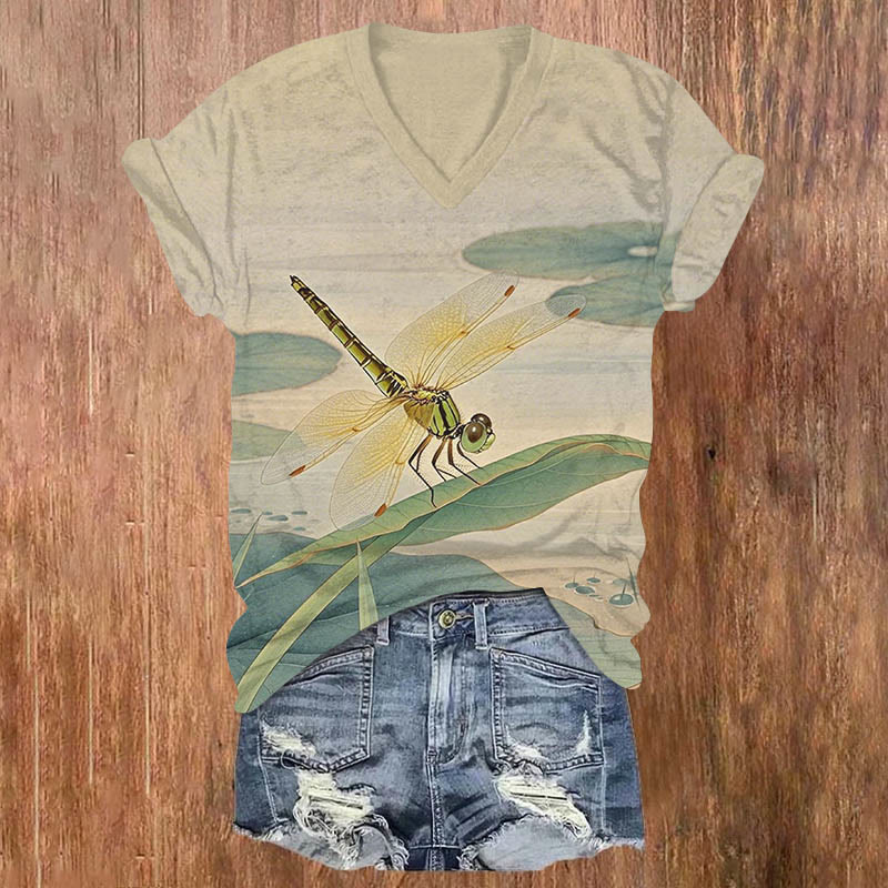Vintage Dragonfly On Lotus Leaf Print V-neck T-shirt - Khaki - US32-34(5XL) - image 1