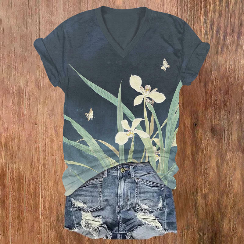 Butterfly & Flower Under Night Sky Print V-neck T-shirt - Dark Blue - US32-34(5XL) - image 1