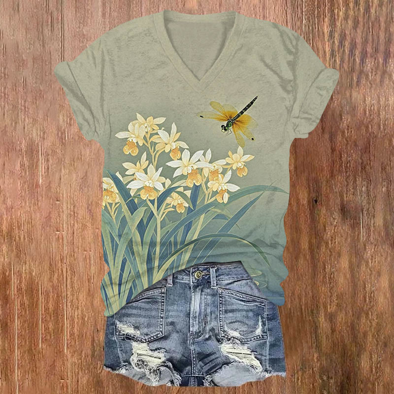 Vintage Dragonfly & Tulip Art Print V-neck T-shirt - Grey - US32-34(5XL) - image 1