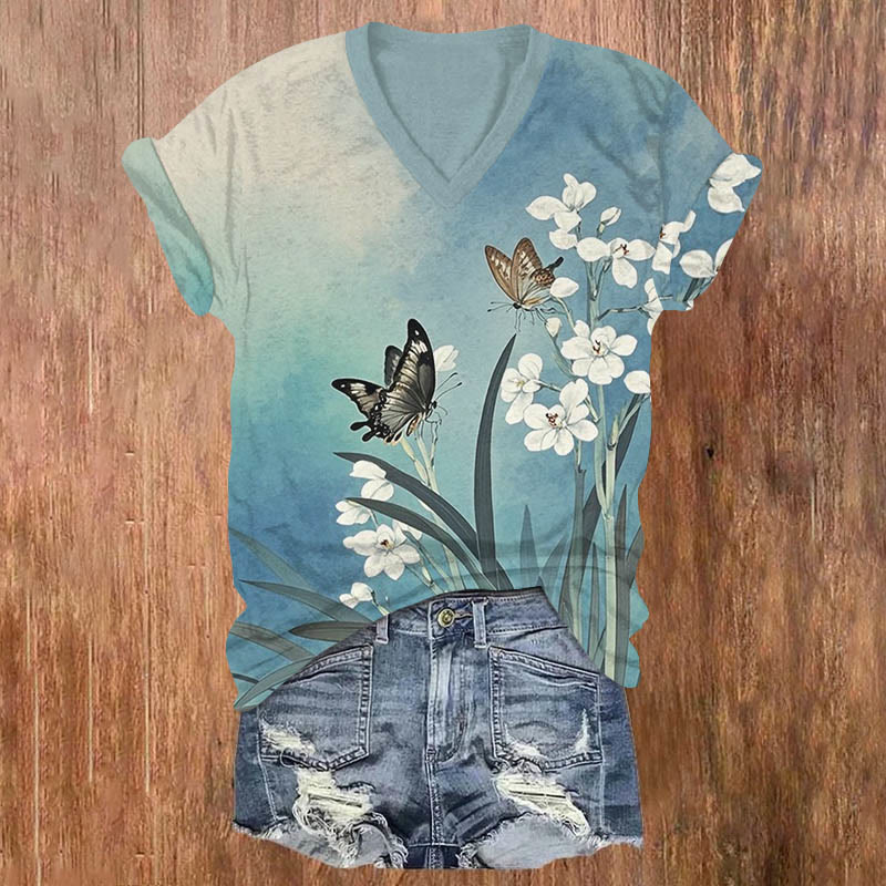 Vintage Butterflies Gather Flower Honey Print V-neck T-shirt - Blue - US32-34(5XL) - image 1
