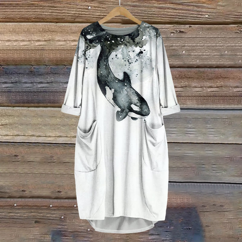 Watercolor Killer Whale Print Crew Neck Dress - White - 8XL - image 1
