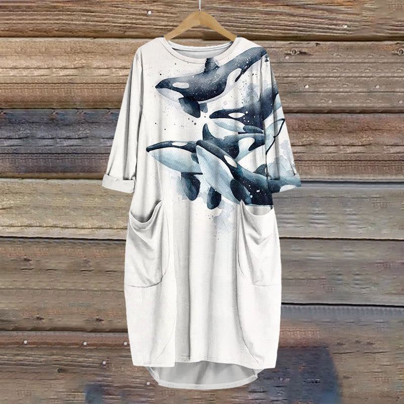 Watercolor Killer Whales Print Crew Neck Dress - White - 8XL - image 1