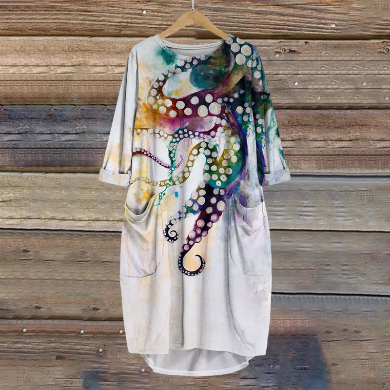 Watercolor Ombre Octopus Print Crew Neck Dress - Multicolor - 8XL - image 1
