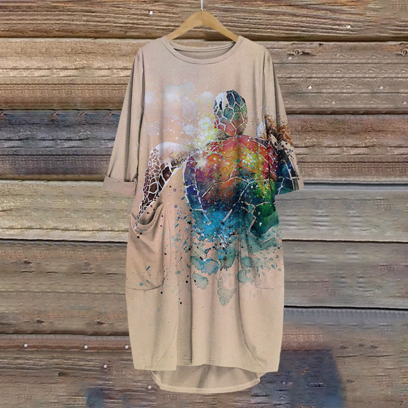 Colorful Smudged Turtle Print Crew Neck Dress - Khaki - 8XL - image 1