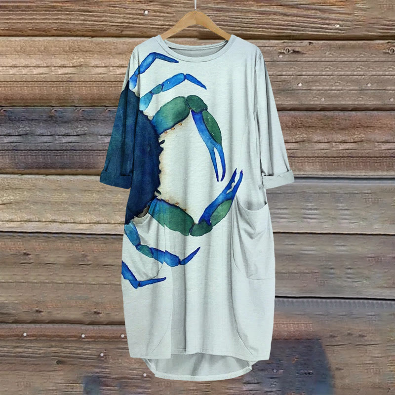 Vintage Watercolor Crab Print Crew Neck Dress - Blue - 8XL - image 1