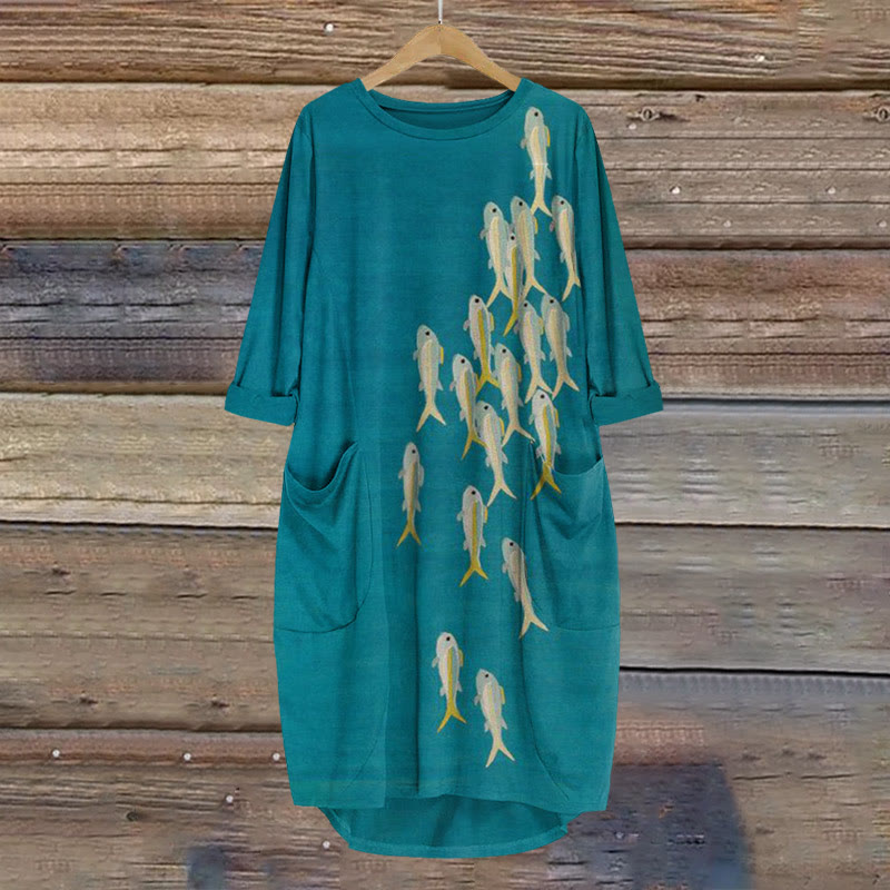Vintage Simple Fish Print Crew Neck Dress - Blue - 8XL - image 1