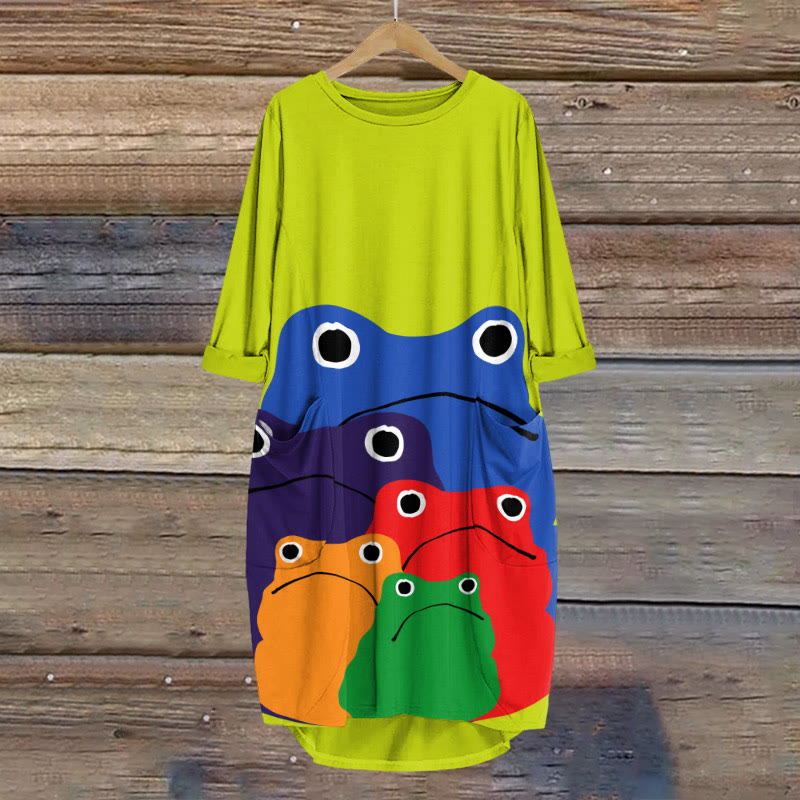 Cascading Rainbow Japanese Frog Print Crew Neck Dress - Yellow - 8XL - image 1