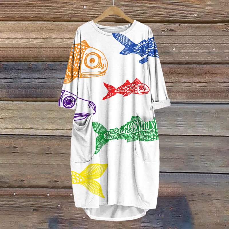 Rainbow Japanese Fish Print Crew Neck Dress - White - 8XL - image 1