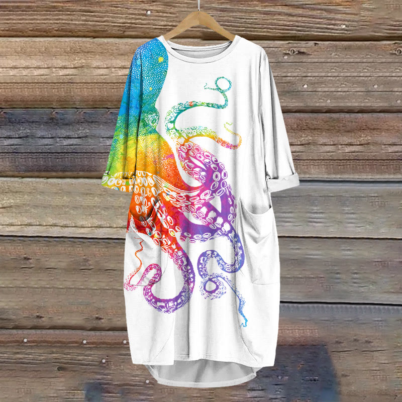 Rainbow Ombre Japanese Octopus Print Crew Neck Dress - Multicolor - 8XL - image 1