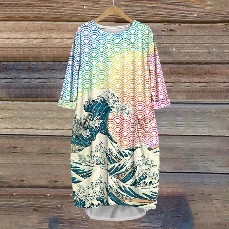 Japanese Style Wave Stitching Rainbow Dyed Waves Print Crew Neck Dress - Blue - 8XL - image 1
