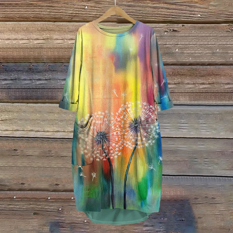 Rainbow Oil Painting Dandelion Print Crew Neck Dress - Multicolor - 8XL - image 1