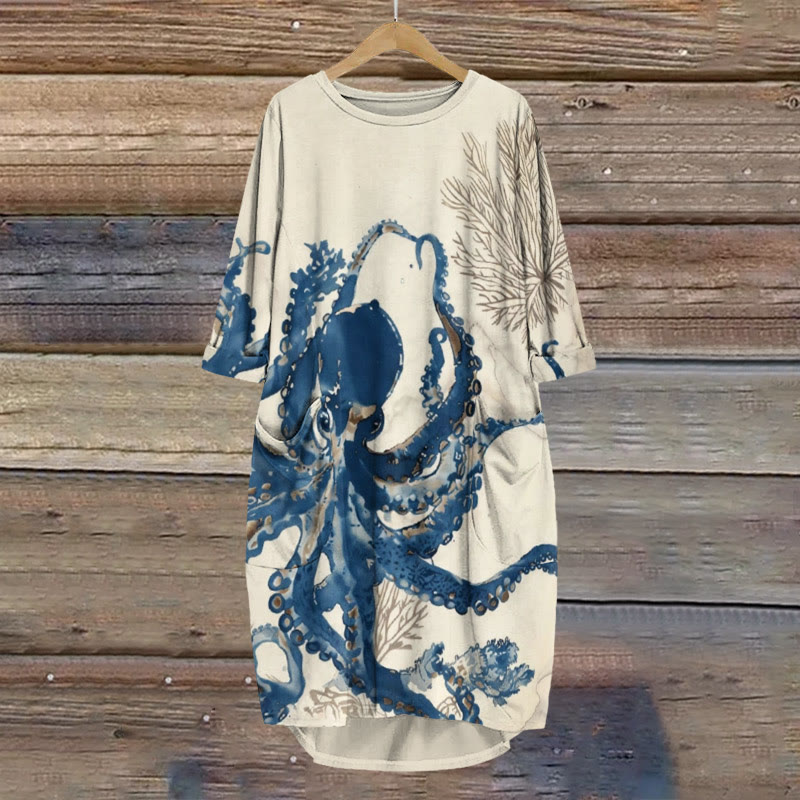 Watercolor Octopus And Seaweed Print Crew Neck Dress - Khaki - 8XL - image 1