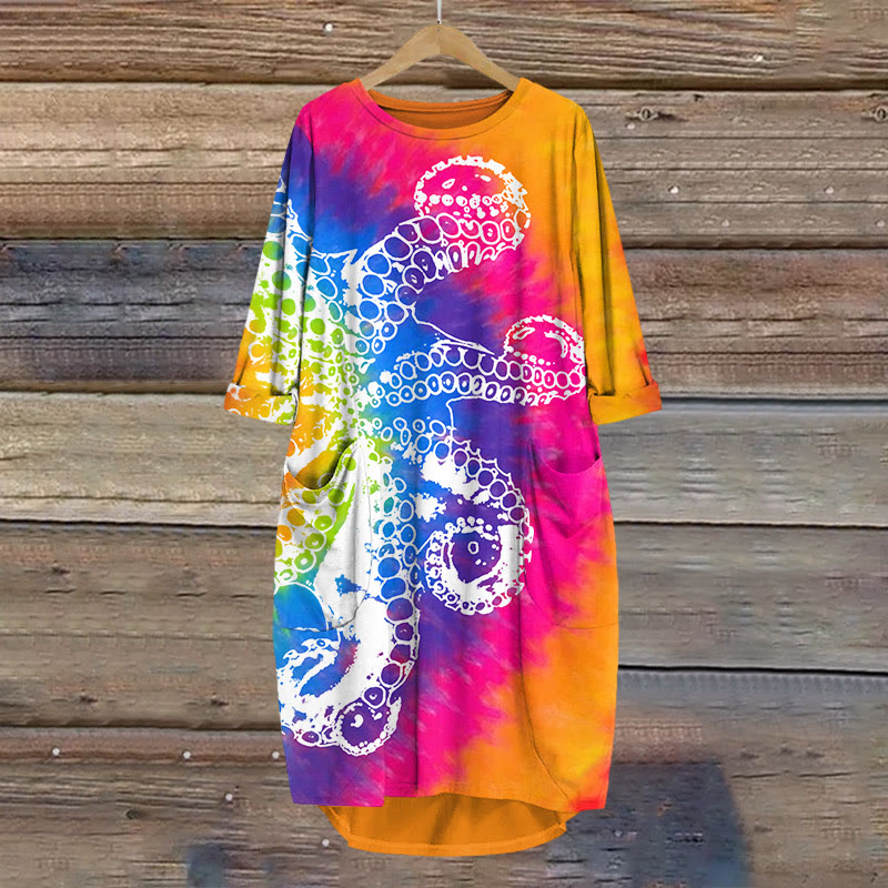 Rainbow Tie-dye Octopus Print Crew Neck Dress - Multicolor - 8XL - image 1