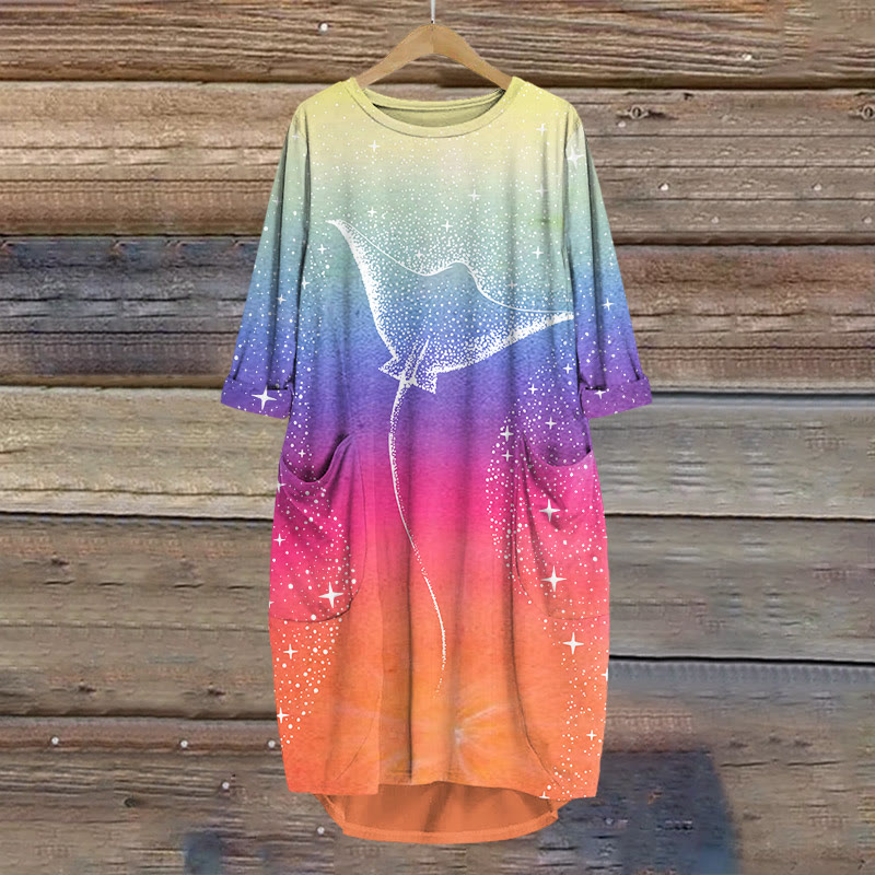 Ray Swimming In Rainbow Starry Sky Print Crew Neck Dress - Multicolor - 8XL - image 1