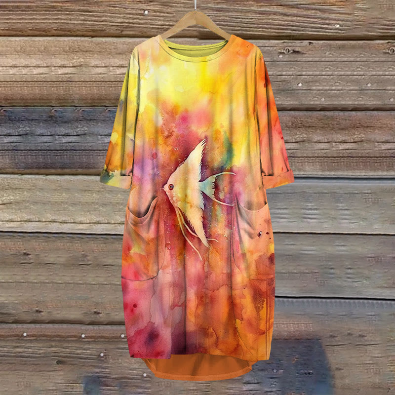 Watercolor Angelfish Print Crew Neck Dress - Orange - 8XL - image 1