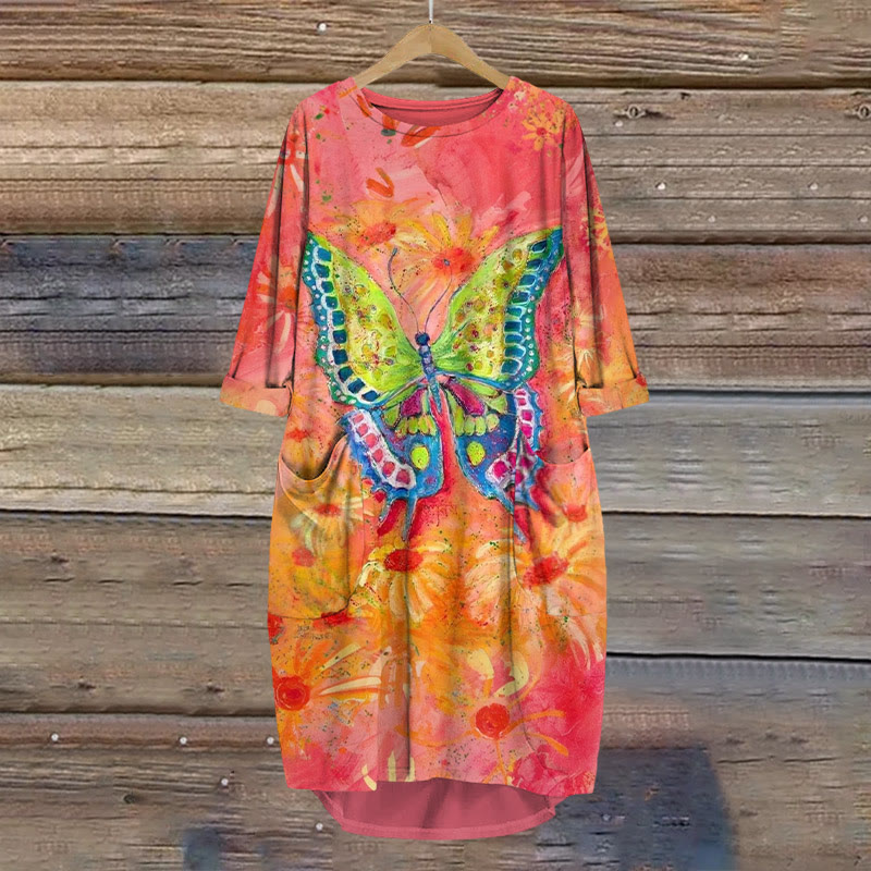 Oil Painting Floral Rainbow Butterfly Print Crew Neck Dress - Red - 8XL - image 1