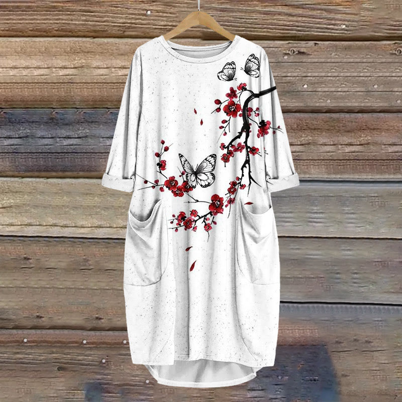 Japanese Style Plum Blossom Butterfly Print Crew Neck Dress - White - 8XL - image 1