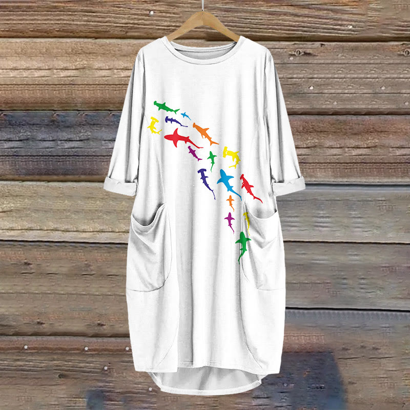 Rainbow Sharks Print Crew Neck Dress - White - 8XL - image 1