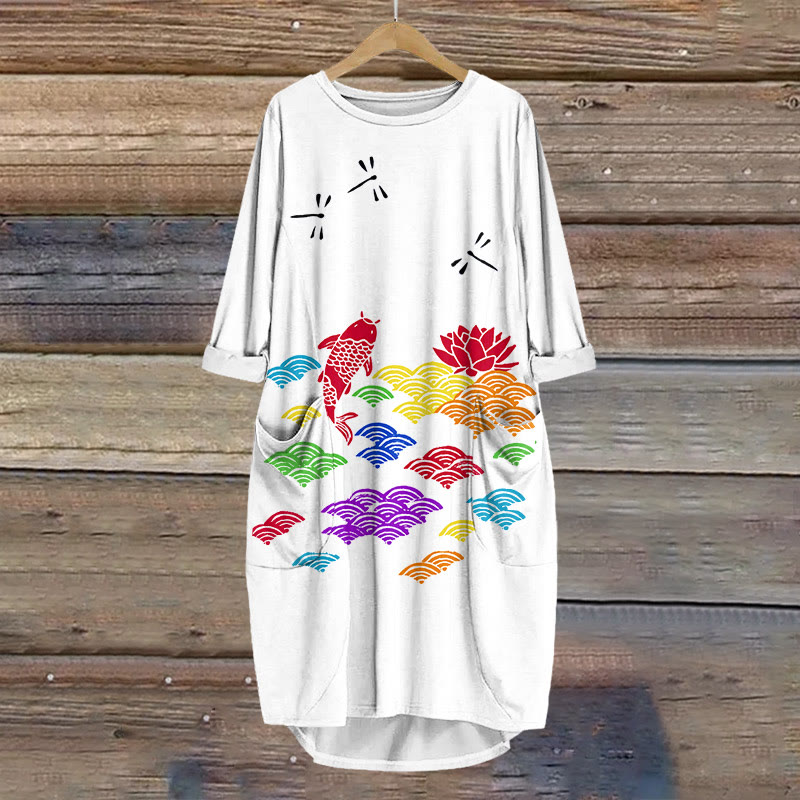 Japanese Style Rainbow Wave Koi Print Crew Neck Dress - White - 8XL - image 1