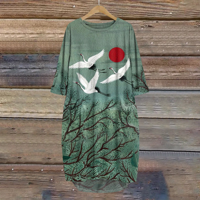 Japanese Style Flying Cranes And Red Sun Print Crew Neck Dress - Olive Green - 8XL - image 1