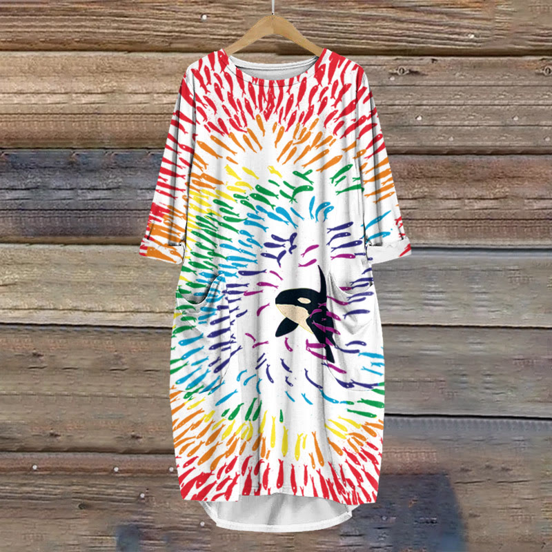Killer Whales Chase Rainbow Fish Print Crew Neck Dress - Multicolor - 8XL - image 1
