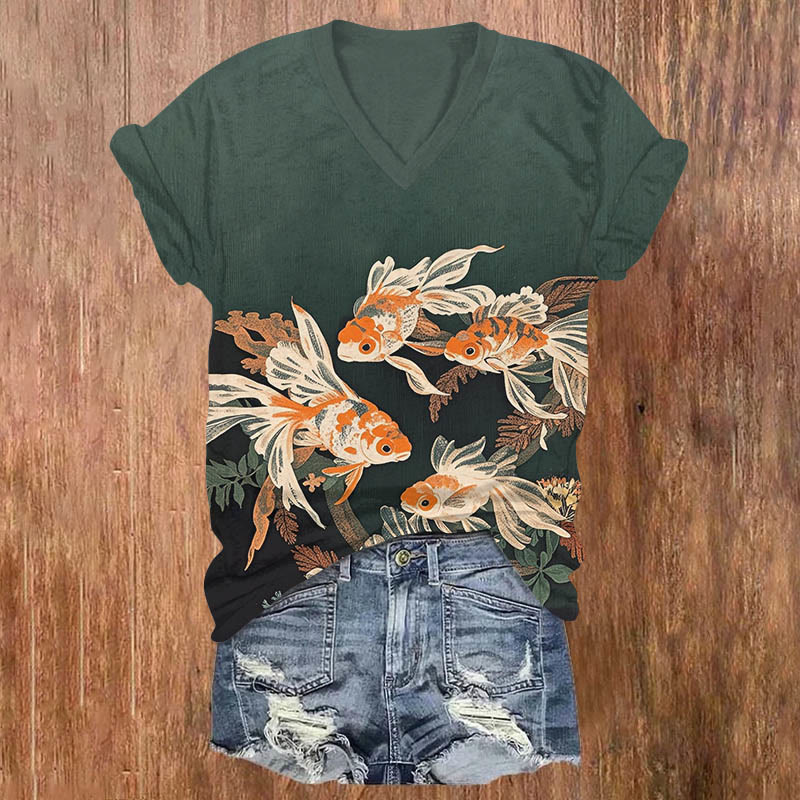 Vintage Vivid Goldfish & Plants Art Print V-neck T-shirt - Dark Green - US32-34(5XL) - image 1