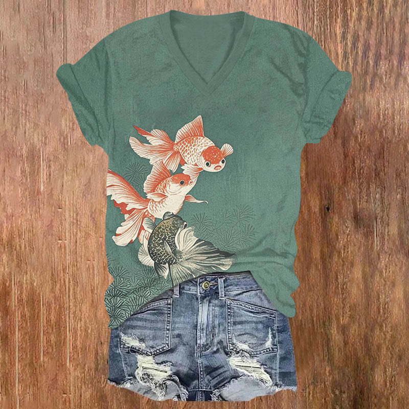 Vintage Ornamental Goldfish Art Print V-neck T-shirt - Green - US32-34(5XL) - image 1