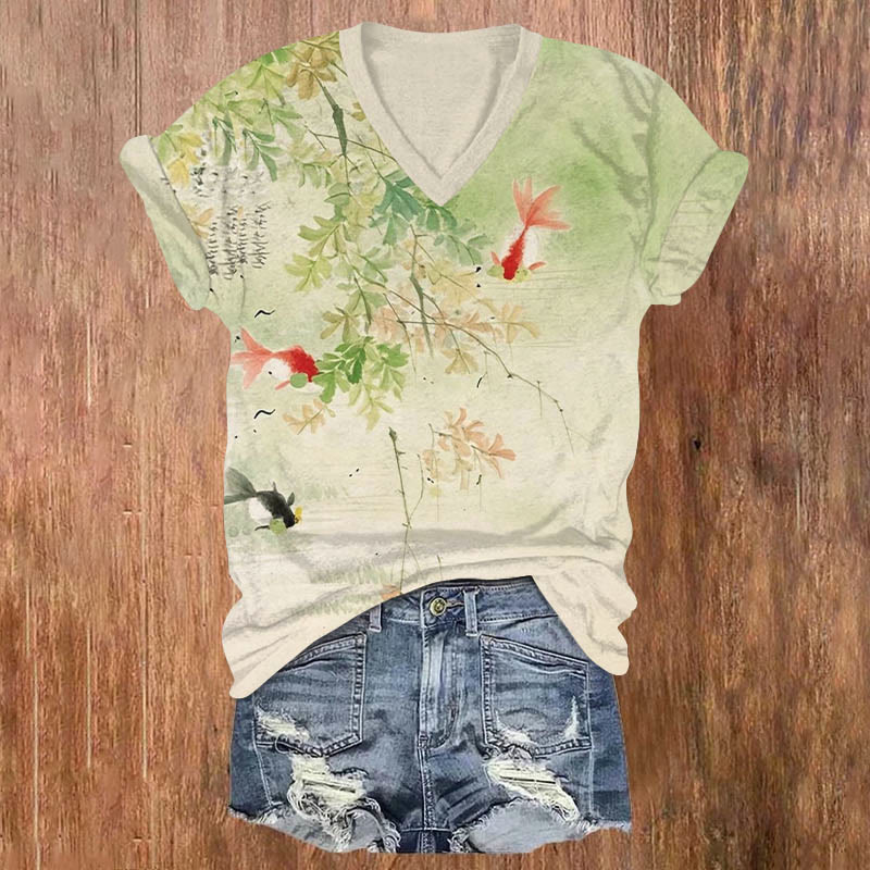 Watercolor Goldfish Pond Art Print V-neck T-shirt - Apricot - US32-34(5XL) - image 1