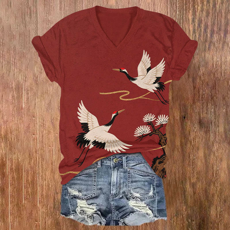 Japanese Vintage White Crane Art Print V-neck T-shirt - Red - US32-34(5XL) - image 1