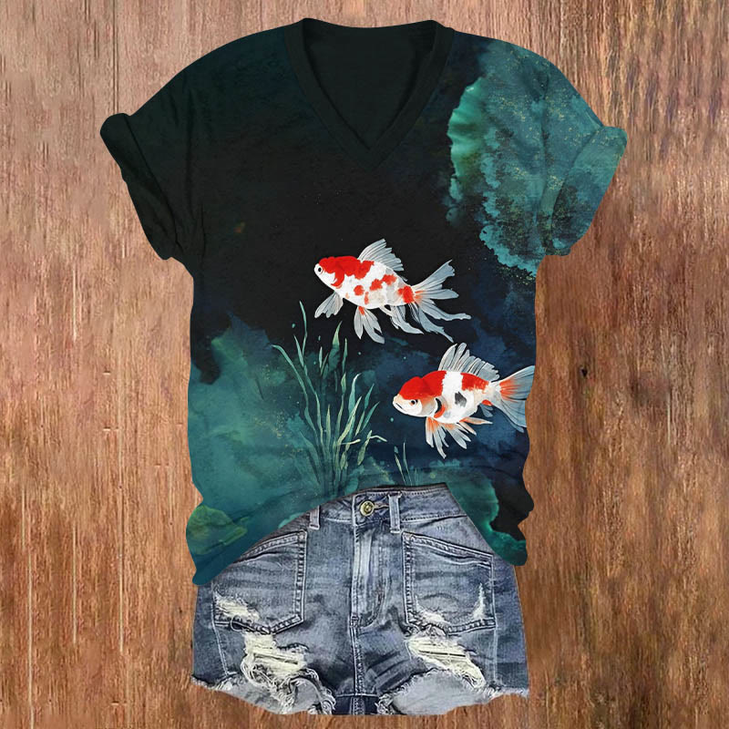 Couple Goldfish In Dark Art Print V-neck T-shirt - Black - US32-34(5XL) - image 1