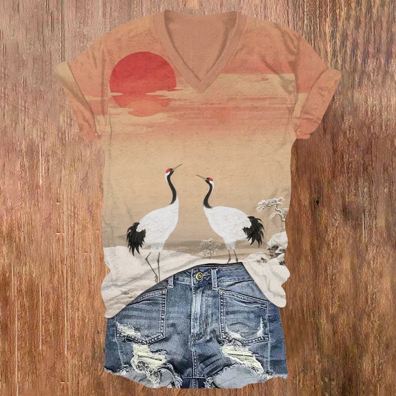 Couple Crane & Sunrise Art Print V-neck T-shirt - Pink - US32-34(5XL) - image 1