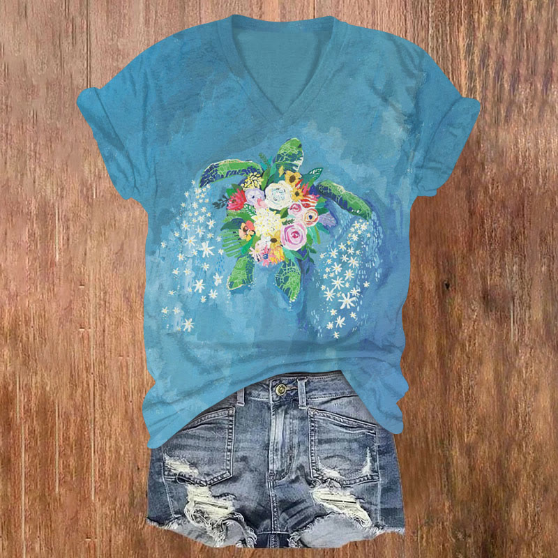 Swimming Floral Turtle Print V-neck T-shirt - Blue - US32-34(5XL) - image 1