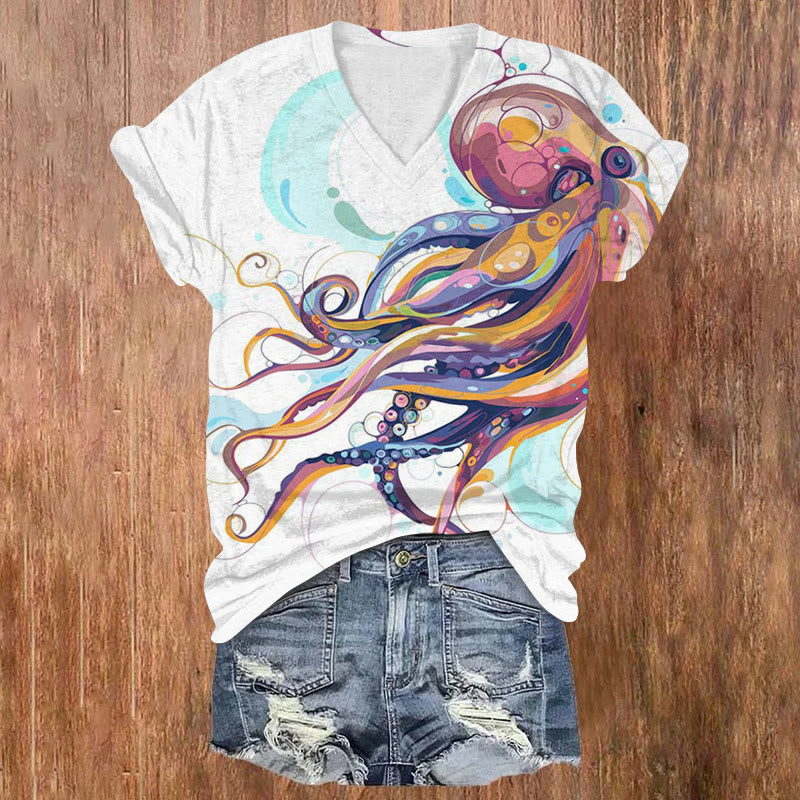 Creative Octopus Bubble Print V-neck T-shirt - Multicolor - US32-34(5XL) - image 1
