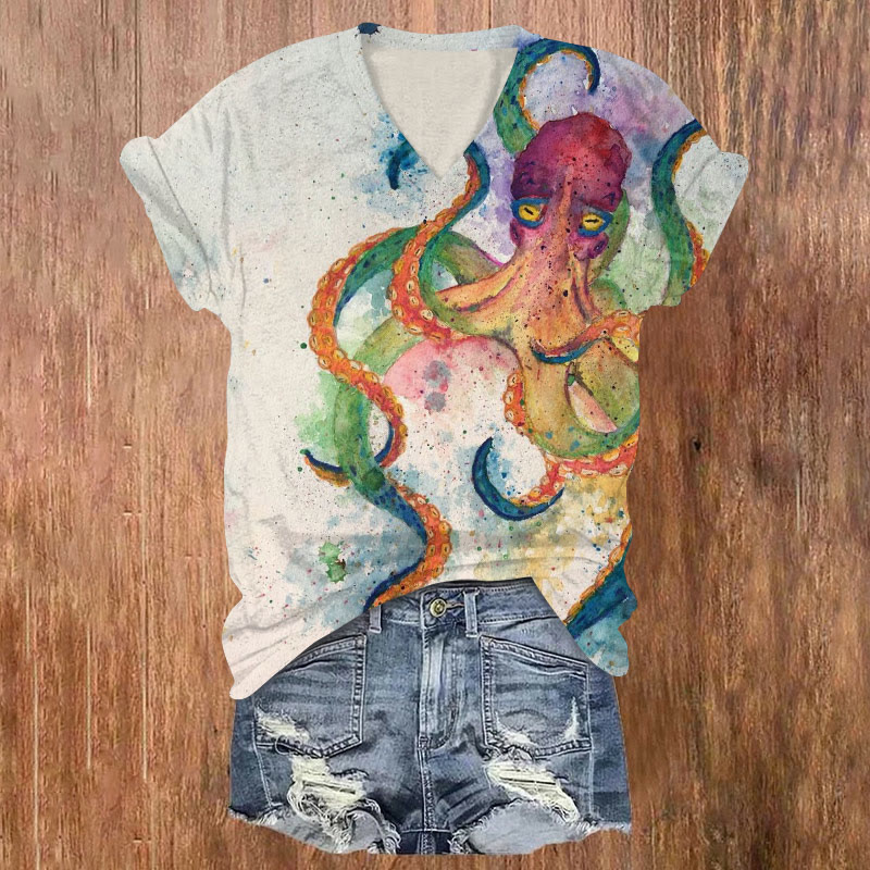 Creative Watercolor Octopus Print V-neck T-shirt - Multicolor - US32-34(5XL) - image 1
