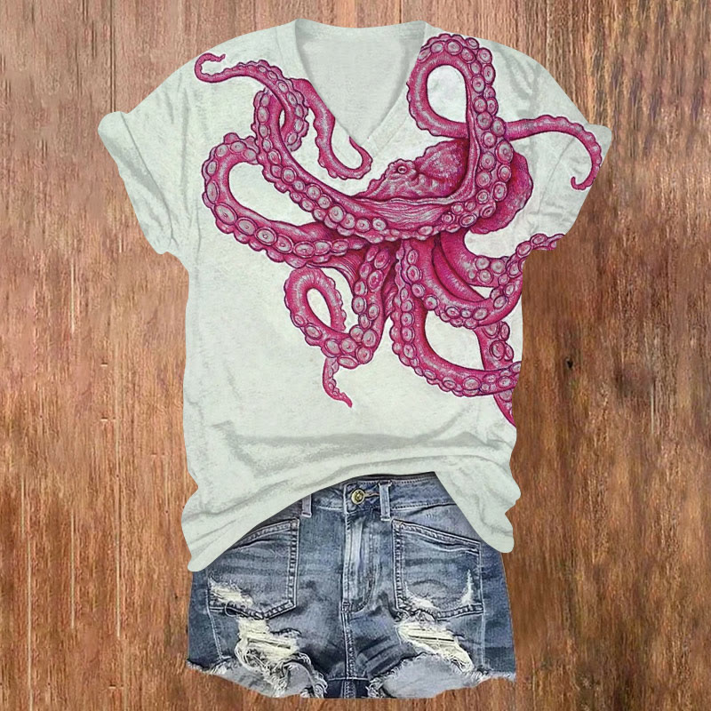 Dreamy Pink Octopus Print V-neck T-shirt - Light Gray - US32-34(5XL) - image 1