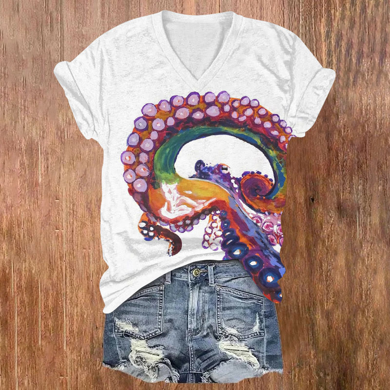 Dreamy Oil Painting Octopus Print V-neck T-shirt - White - US32-34(5XL) - image 1