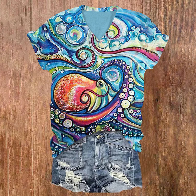 Creative Oil Painting Octopus Print V-neck T-shirt - Blue - US32-34(5XL) - image 1