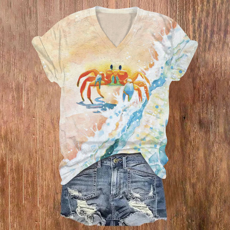 Crab On The Seashore Watercolor Print V-neck T-shirt - Orange - US32-34(5XL) - image 1