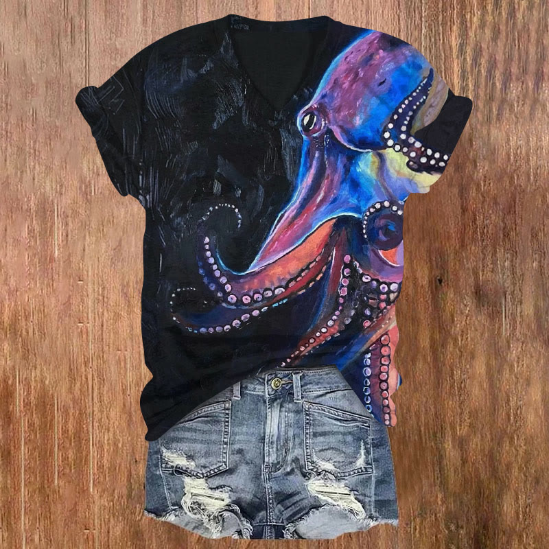 Dark Style Oil Painting Octopus Print V-neck T-shirt - Black - US32-34(5XL) - image 1